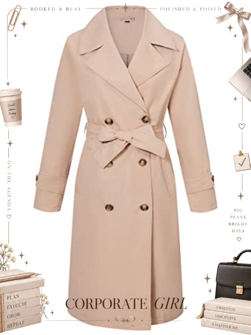 Women's Double-Breasted Water Resistant Trench Coat Loose Fit Mid-Length